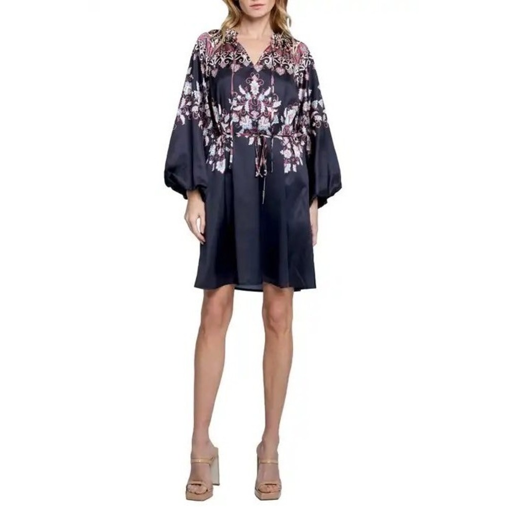 CIEBO Black Paisley Print Ruffle Neck Lace Up Bell Sleeve Mini Dress Medium